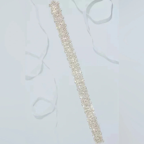 NWT Davids Bridal Wedding Dress Belt Slim Crystal Patterned Sash with Ribbon Tie - Picture 9 of 9